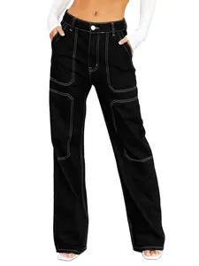 Aswulk Women's Casual Mid Waist Cargo Jeans Stretch Wide Leg Denim Pants with Pockets for Comfort and Style