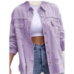 Casual Denim Jacket - Lavender Distressed Design with Button Closure and Pockets for Women