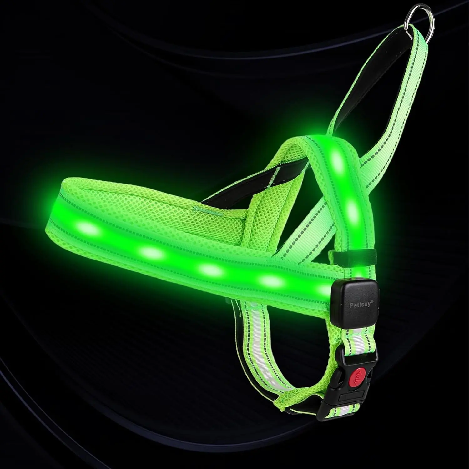 PetIsay LED Light Up Dog Harness - USB-C Rechargeable, IPX7 Waterproof, Reflective, No Pull Dog Vest with Soft Padded Handle for Night Walking(Green, Medium)