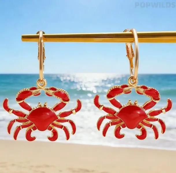 Women's Whimsical Alloy Hoops Earrings - Bright Colors Animal Lobster Crab Pendants, Coastal Resort Beachwear Jewelry for Euro-American Vacation & Daily Wear, Resort Wear, Whimsical Earrings, Female, Crab Motif, Light And Comfortable, Lightweight, Adorabl