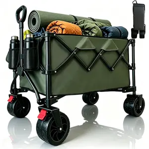 Folding Camping Wagon Cart with Silent Wheels & Dual Brakes, Heavy Duty Carbon Steel Frame, Portable Collapsible Utility Cart for Camping, Picnic, Grocery, Shopping & Beach