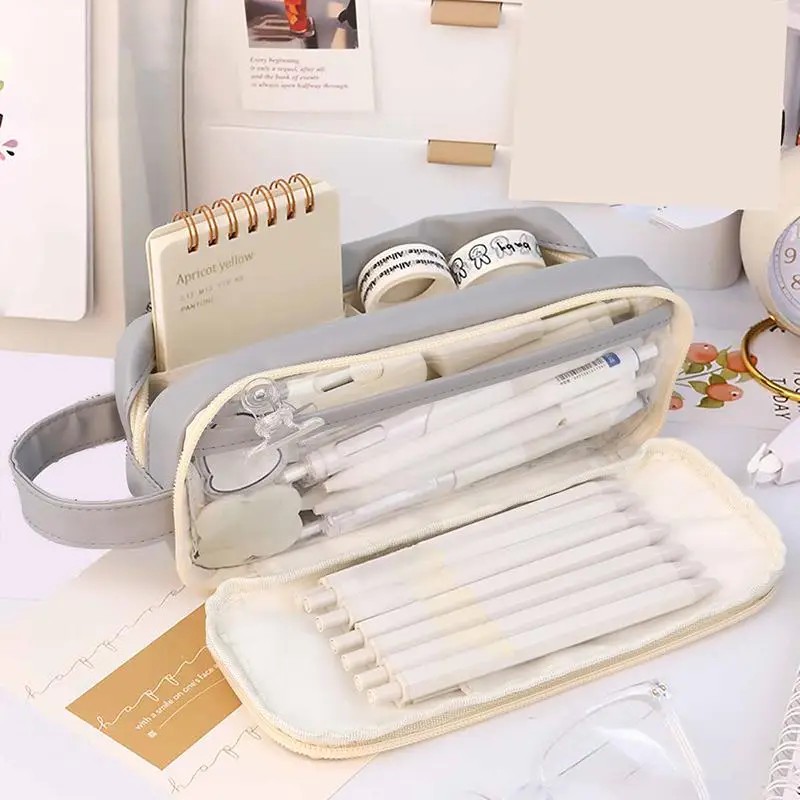 Pencil Case, 1 Count Simple Solid Color Large Capacity Pencil Pouch, Waterproof Double Layer Stationery Storage Bag with Handle, Students Stationery S