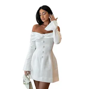 Women's Off-Shoulder Long Sleeve Bowknot Decor Cocktail Dress For Party, Date Night Summer Outfits For Women,Spring Clothes,Valentine's Day Outfit,Carnaval,Beach Vacation Outits,White Graduation Dress ，wedding guest dresses
