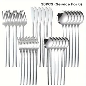 30pcs Portuguese Silverware Stainless Steel Cutlery Set - Mirror-Polished, Dishwasher Safe, Flatware for Wedding, Party, Dining, Home, Hotel Kitche Kitchen Set Cutlery