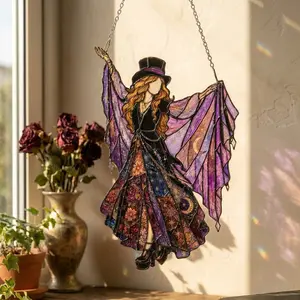 Gothic Witch Acrylic Suncatcher, Purple Bat Wing Window Hanging Charm, Celestial Moon & Stars Sun Catcher, Halloween Witchy Home Decor, Boho Gothic Gift for Her, Pagan Altar Decor, Fairycore Wall Art, Handmade Style Window Ornament! Gift