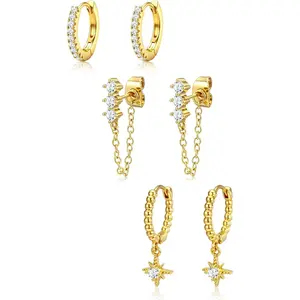 3 Pairs 14K Gold Plated Stud Hoop Earring Stacks for Women Trendy Chain Dangle Hoop Earrings Set Helix Cartilage Huggie Earrings for Multiple Piercing