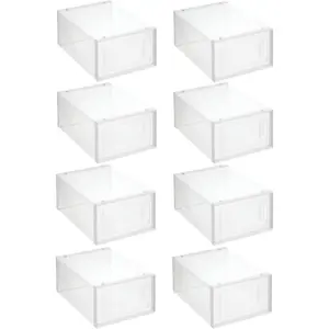 Stackable Plastic Closet Storage Box with Side Opening Panel- for Organizing Men's and Women's Shoes, Booties, Pumps, Sandals, Wedges, Flats, Heels, and Accessories, 8 Pack - White/Clear