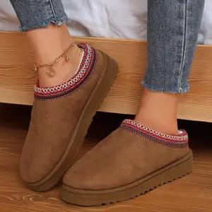 Women's Platform Short Ankle Boots Warm Slip-On Snow Slippers for Indoor and Outdoor Round Toe Western