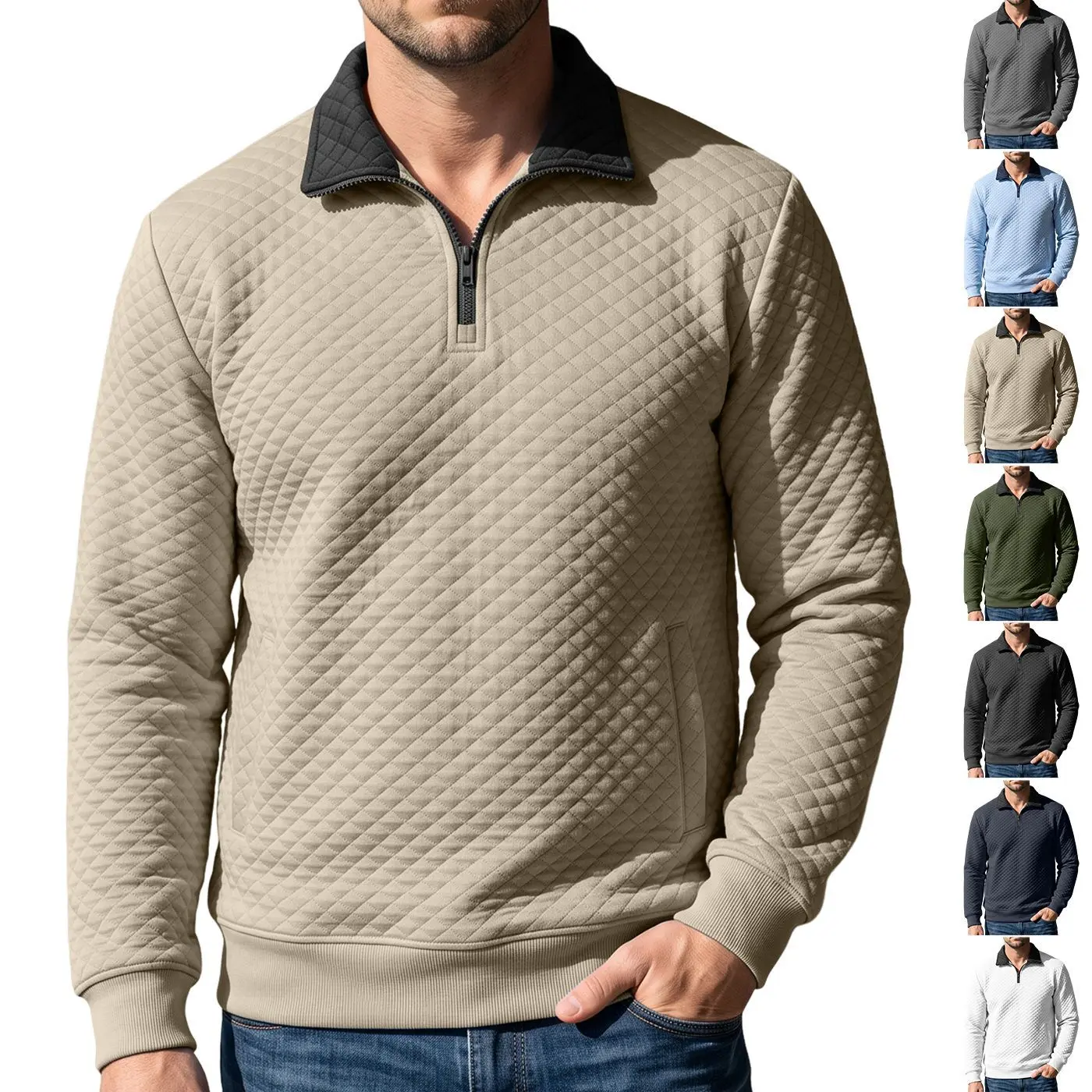 Men's Diamond-Pattern Half-Zip Polo Sweatshirt, Black with Contrast Piping, Turn-Down Collar, Long Sleeves, Air-Layer Textured Rib Knit, Tapered Hem, Side Pockets - Suitable for Spring/Fall Business Casual, Golf