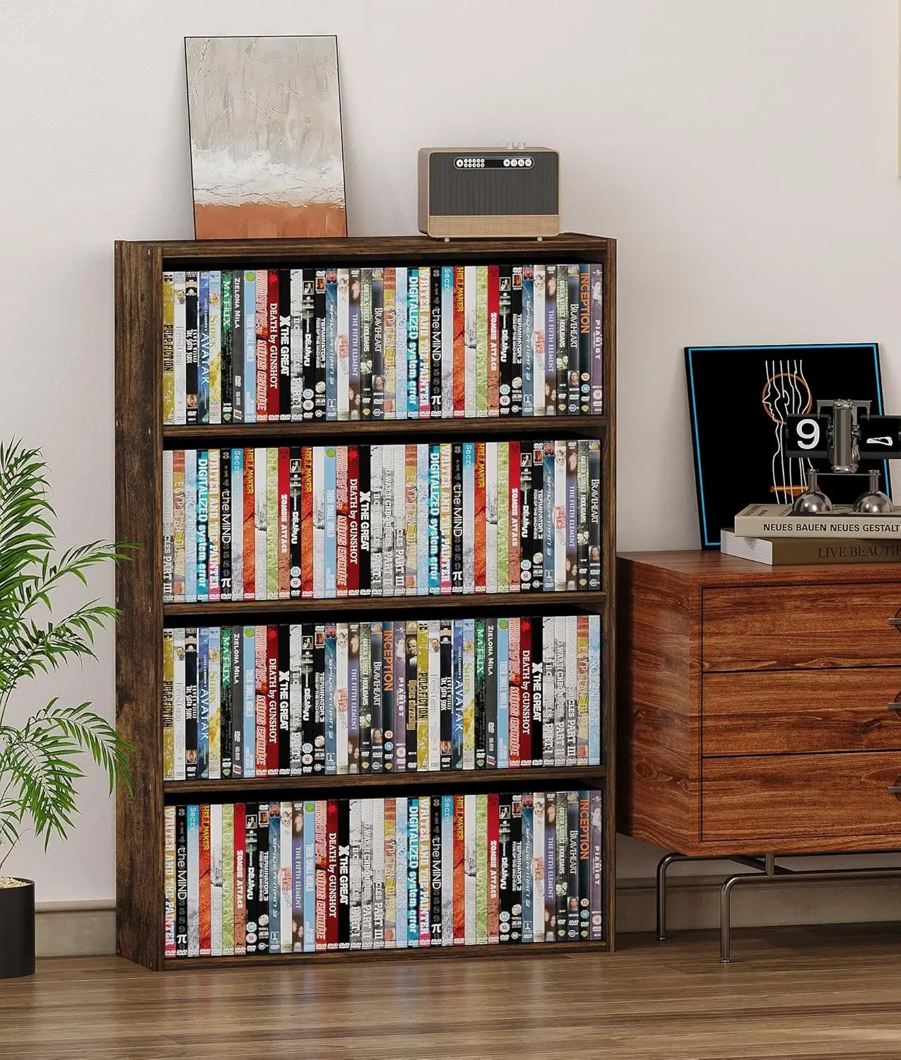 4 Tier DVD Storage Shelf, Media Storage Tower for CDs & Video Games, Freestanding Organizer Shelf for Living Room Home Office, Holds 160+ DVDs(Amber Pine)