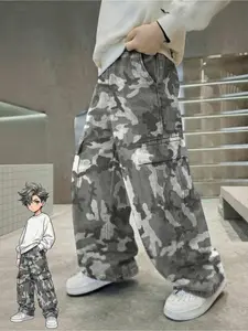 1pc Tween Boy Casual Loose Camo Multi-Pocket Straight Leg Cargo Pants, Outdoor Workout, Spring/Summer/Autumn/Winter, for Outdoor