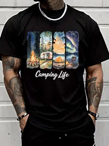 Men's T - Shirt Casual Trendy Camping Life Graphic Tee with Bonfire Camper Tent Chair Aurora Pine Trees Lake Sunset Starry Sky Pattern Men'sFashion for Adults Men Outdoor Activity Casual Wear