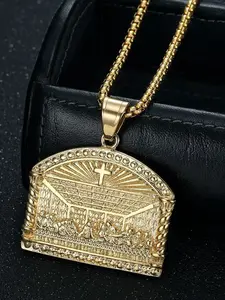 Gothic Religious Art Pendant Necklace, Geometric Cross Design, Stainless Steel Rhinestone, Unisex Daily Wear Jewelry Gift