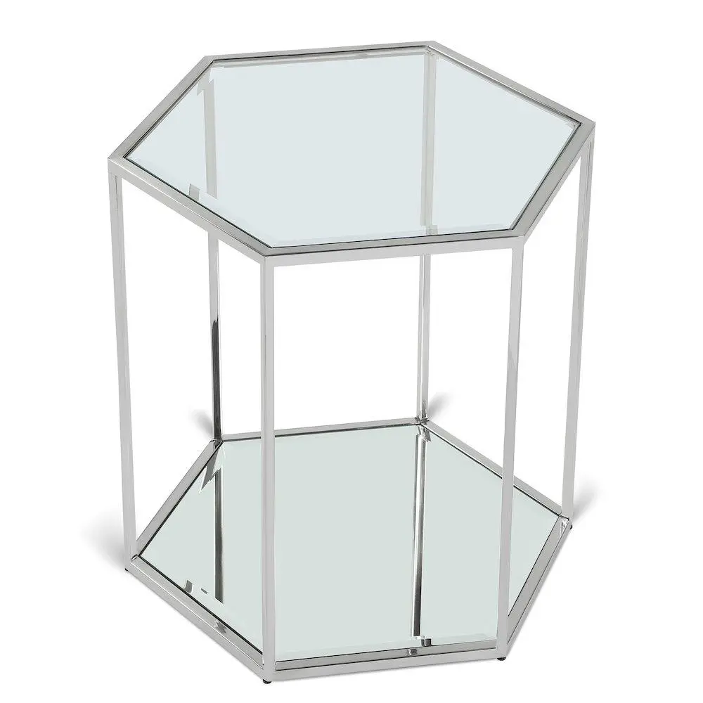 Sei Brushed Chrome End Table - Contemporary Indoor Furniture with Glass Top, Chrome Frame, Mirror Base, Connectable Functionality, Modular Setup