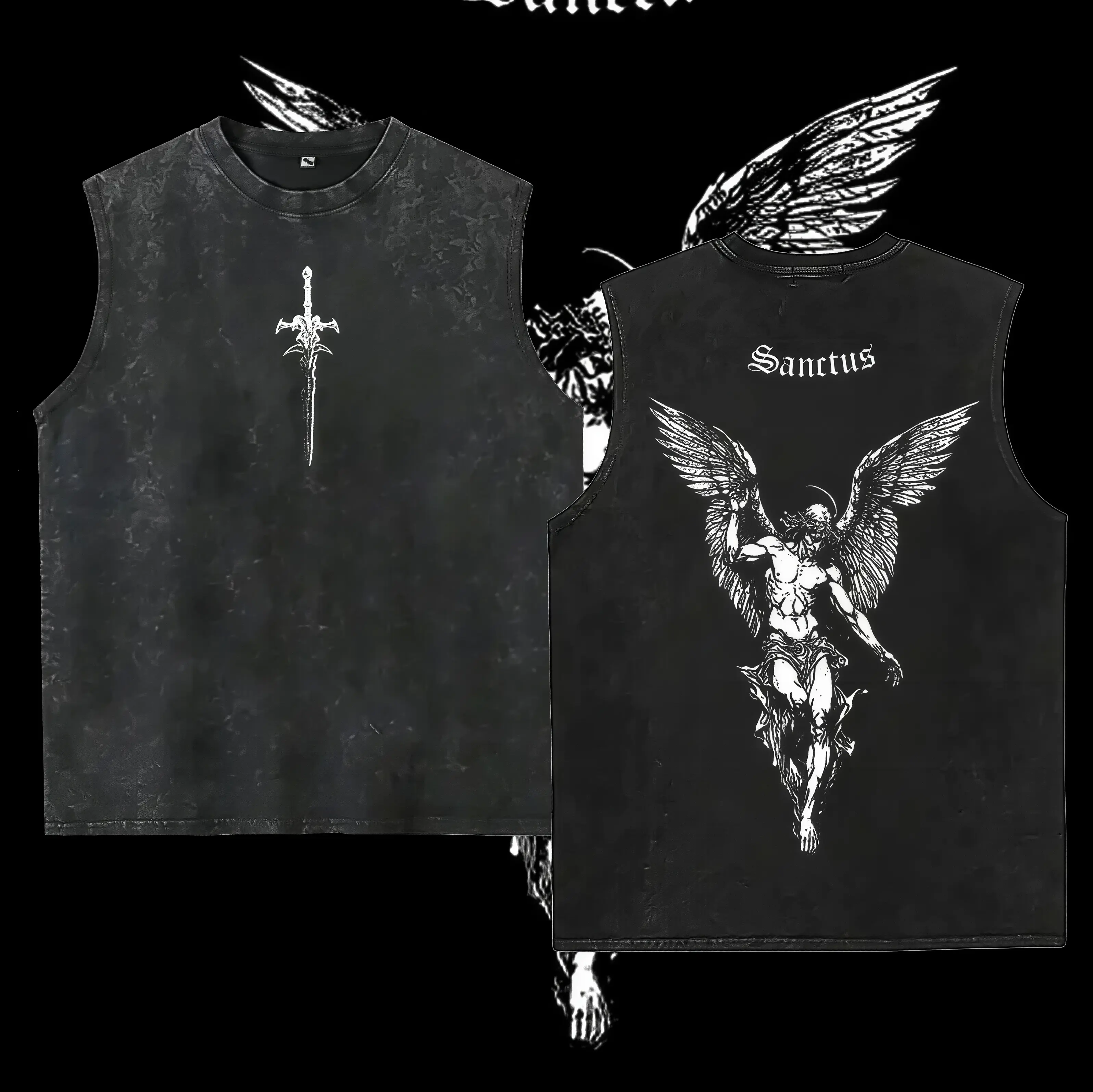 washed vest Sanctus Archangel Vintage Washed Oversized Christian , Holy Sword Cross Faith Graphic , Heavy Cotton Dark Angel Streetwear Top, Unisex Retro Worship for Believers