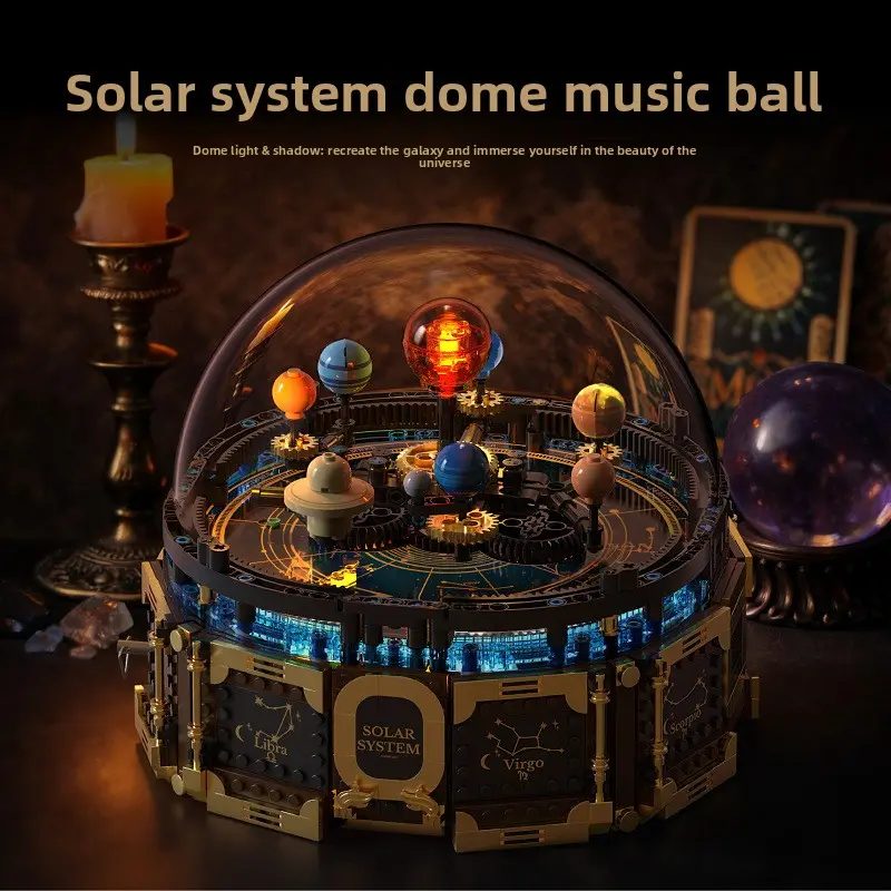 Motorized Solar System Building Blocks Set With Light Up Sun Transparent Dome Rotating Planet Orbit Model STEM Astronomy Science Assembly Toy Space Desk Display Gift for Kids Teens Adults