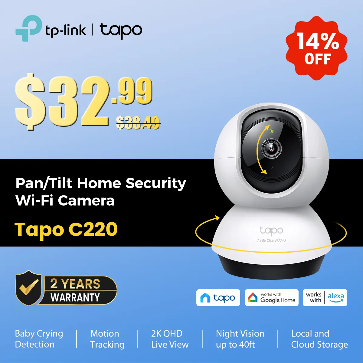 TP-Link & Tapo C220 2K Pan/Tilt Smart Security Camera – Pet & Baby Monitor with Motion Tracking, Starlight Night Vision, 2-Way Audio, 512 GB Local/Cloud Storage, Alexa & Google Home