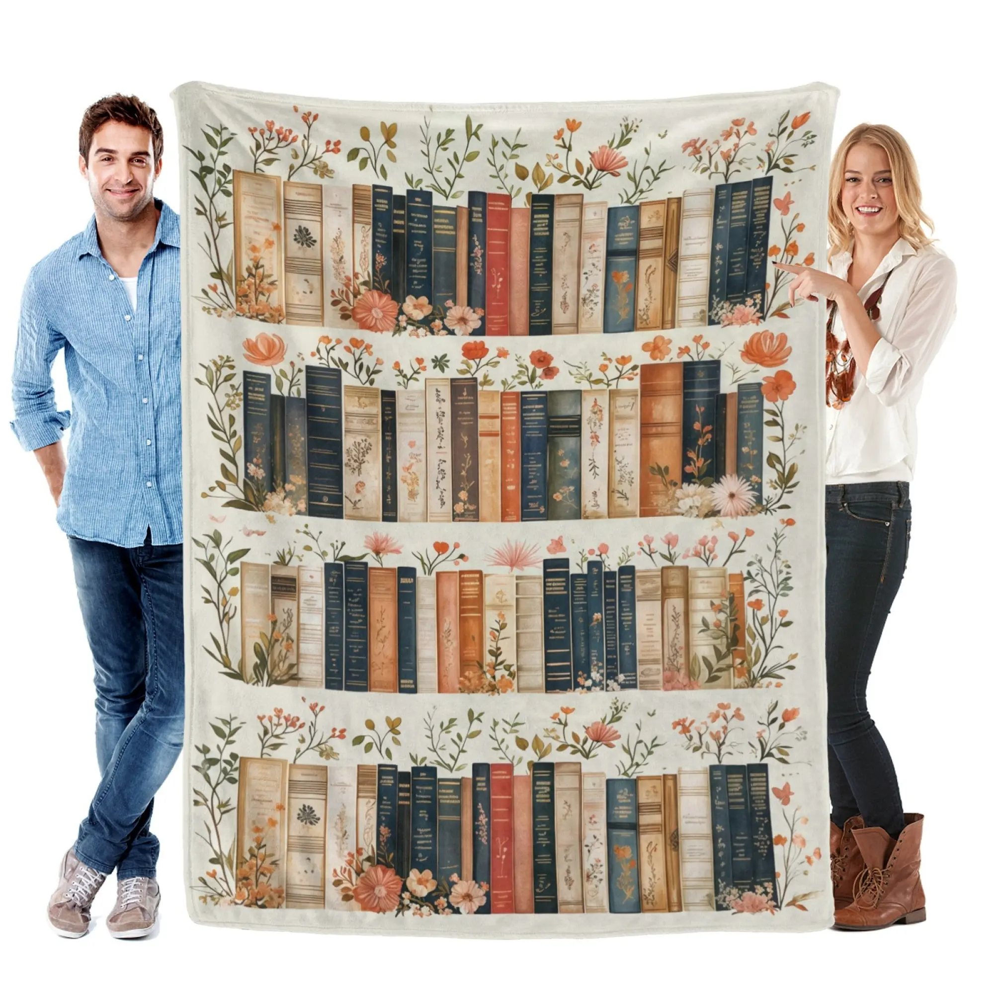 Vintage Bookshelf Library Throw Flannel Blanket, Cottagecore Book Wildlowers Blanket Gift For Book Lover Library Gift Floral Bookish Gift For Reader libary decor reading accessory