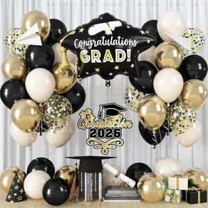 Black and Gold Balloons Graduation Balloon with Grad Foil Balloons Black White Sand Beige Gold Metallic Balloon for Grad Prom High School College Shower Anniversary Birthday Party Decor