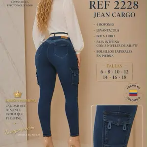 REF 2228 Jean Cargo Blue with Four Button Pockets Internal Waistband Tail Lift Accessory Beige Belt