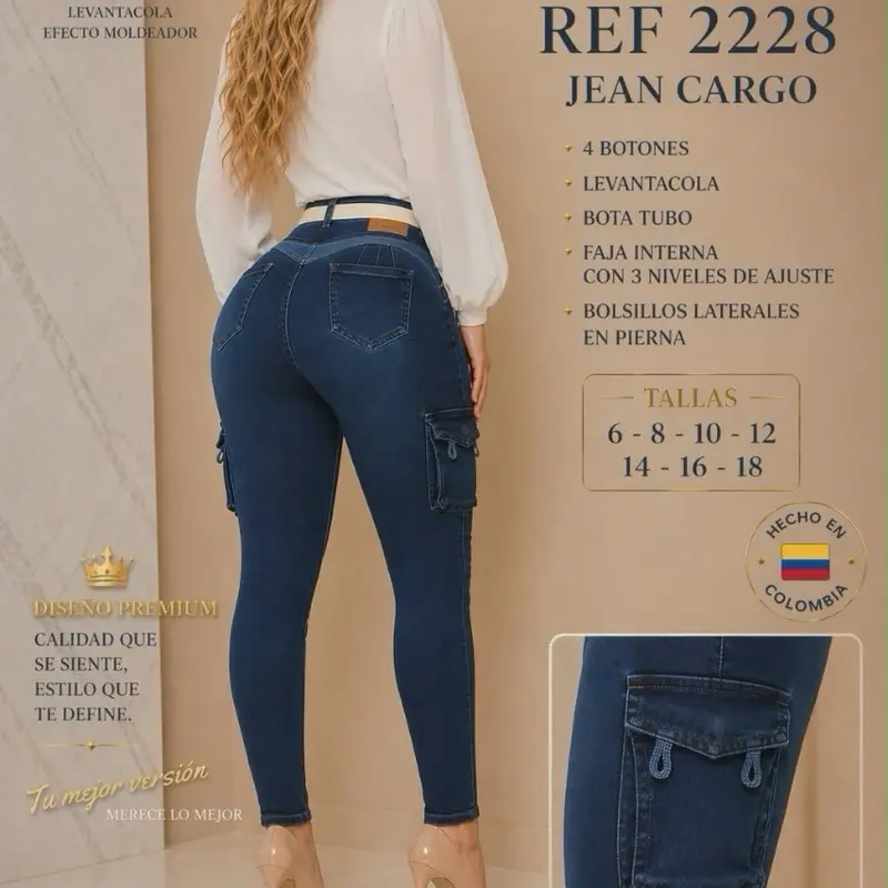 REF 2228 Jean Cargo Blue with Four Button Pockets Internal Waistband Tail Lift Accessory Beige Belt