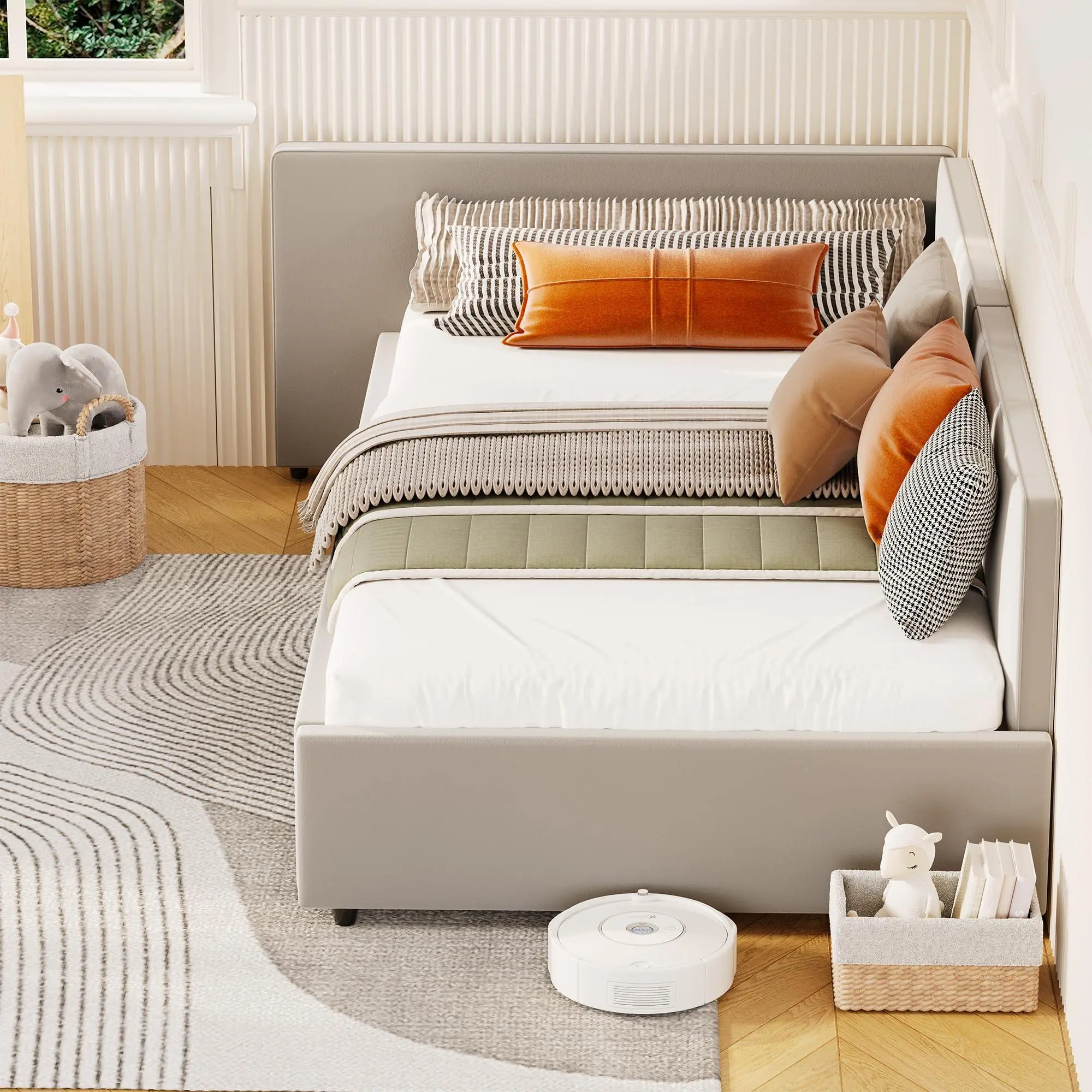 Twin Daybed with Extended Headboard, Corner Bed Frame with Bed Rails, Velvet Upholstered Sofa Bed with Guardrail for Bedroom, Guest Room,Adjustable Installation, Light Gray
