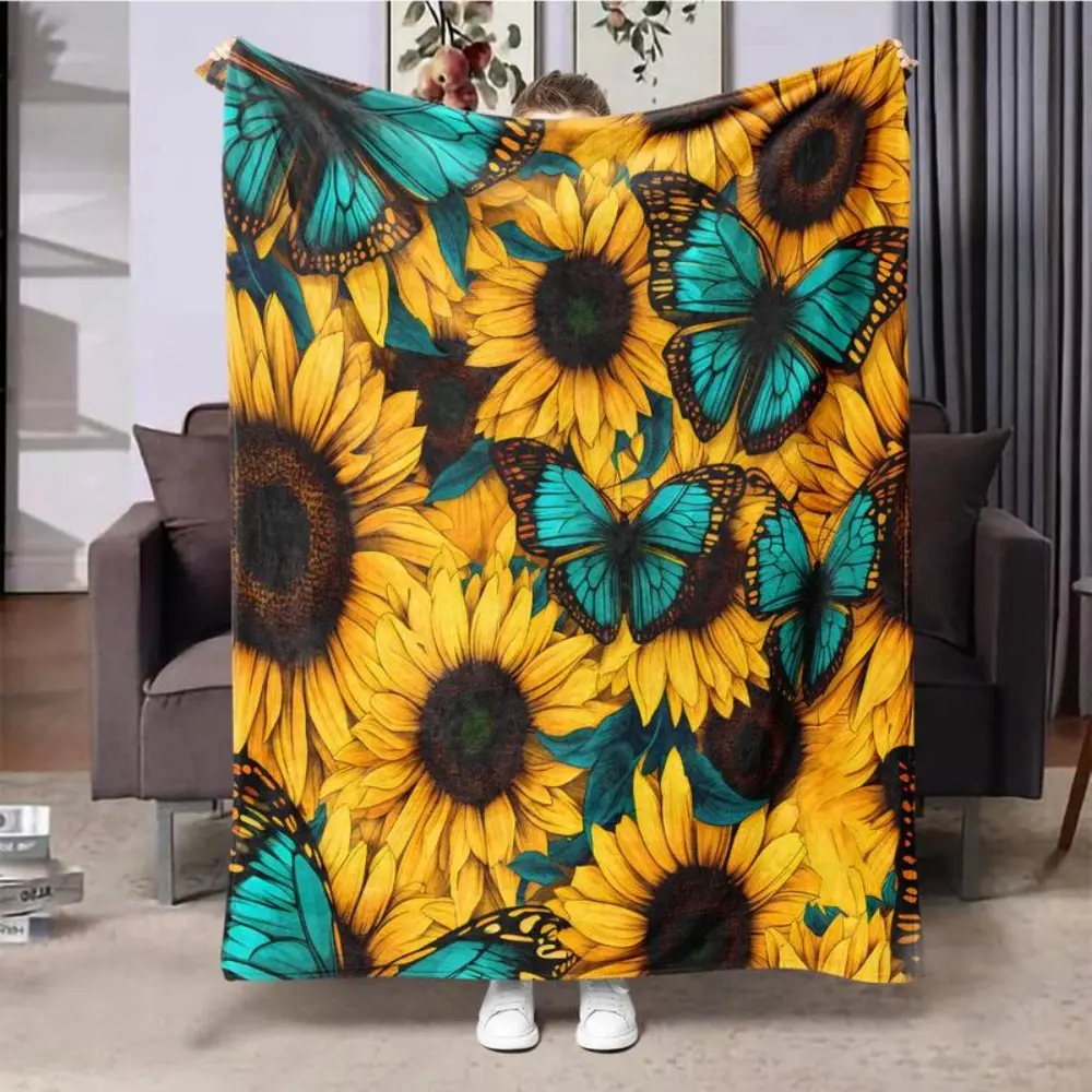 Sunflower & Butterfly Pattern Blanket, Soft Warm Throw Blanket, Lightweight Cozy Blanket, Air-conditioned Room Blanket, Comfy Nap Blanket for Home & Office & Travel