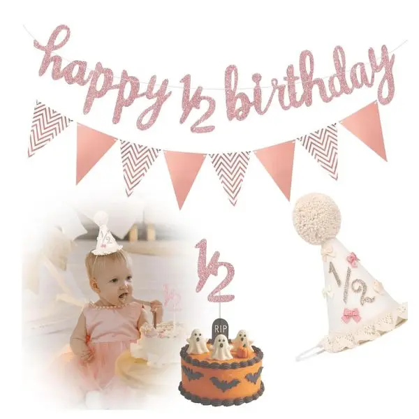 Half Birthday Decorations for Baby Boy & Girl – 1/2 Birthday Party Supplies Set with Banner, Cake Topper, Cone Hat & Photo Props, 6 Month Milestone Celebration Decor