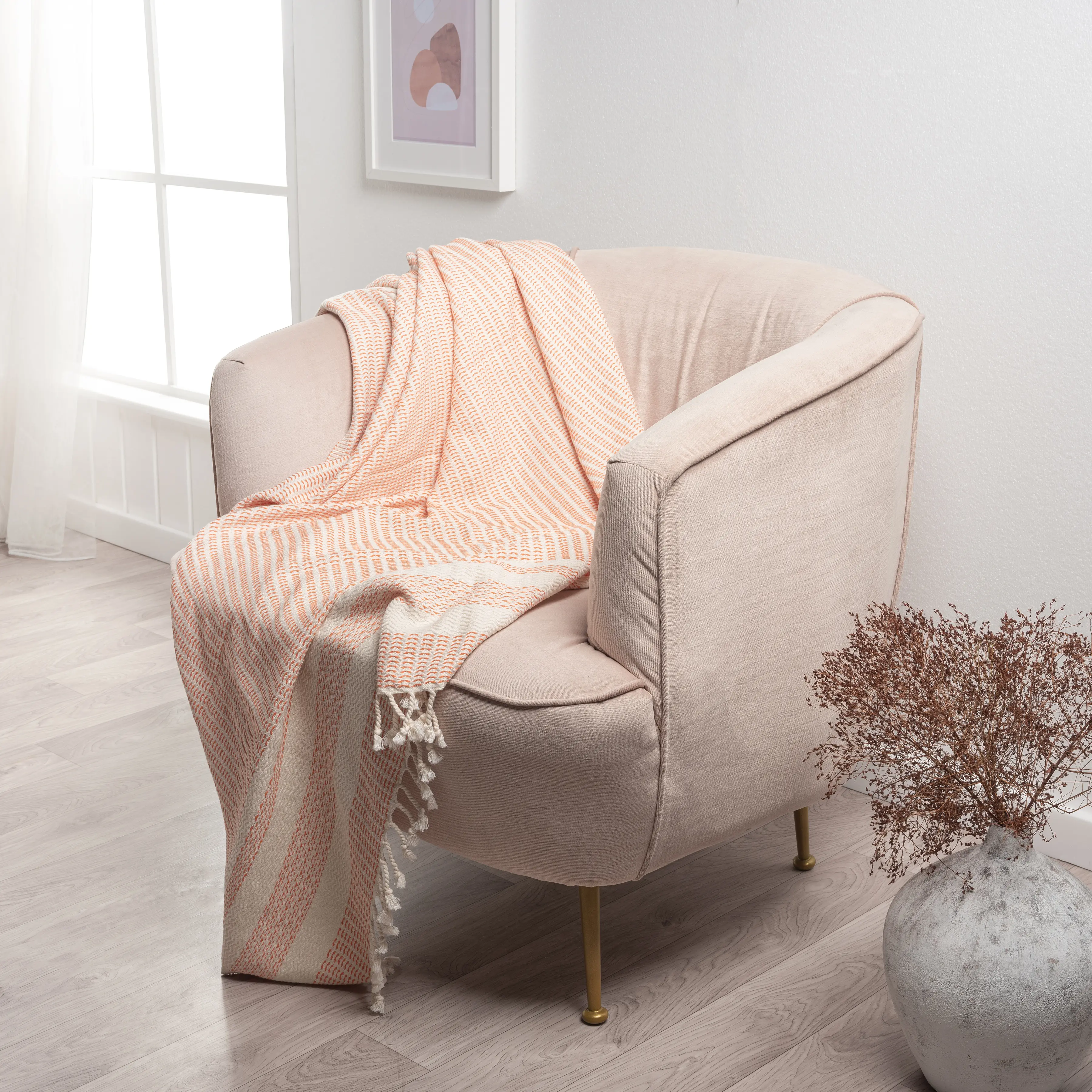 Geometric Striped Turkish Cotton Throw Blanket – Ultra Soft & Machine Washable – 50" x 60", Orange & Ivory