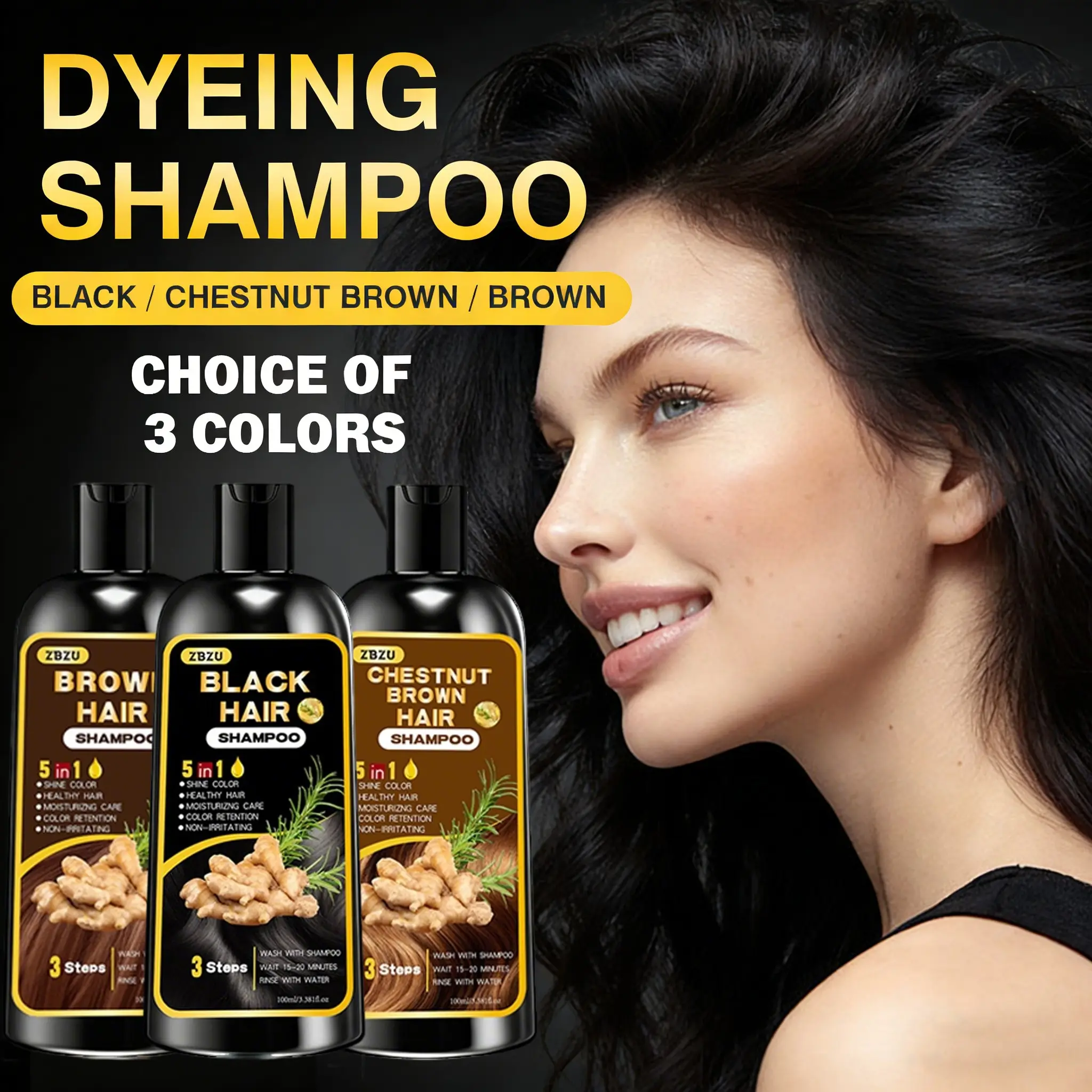 100ml  5-in-1 Natural Hair Dye Shampoo with Ginger, Rosemary & Black Sesame | Quick 15-Minute Color & Gray Coverage | Long-Lasting, Nourishing & Gentle | For Men & Women