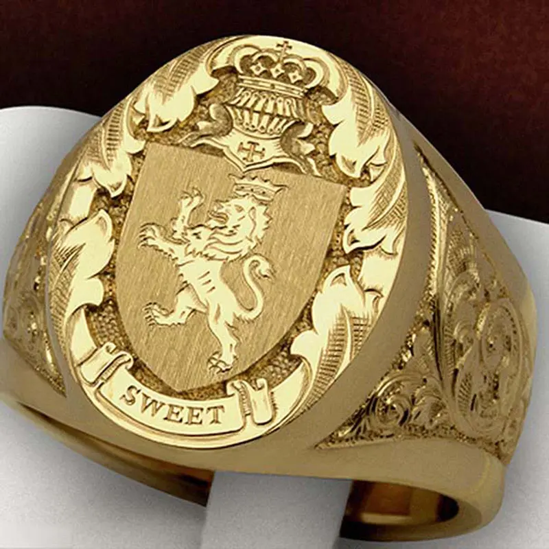Engraved Crown Lion Signet Band Ring - Y2K Style Fashion Ring for Adults, Personalized Animal-Themed Jewelry, Meaningful Size 10 Number 10 Gifts for Women, Birthday/Milestone Daily Accessory