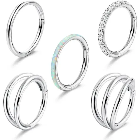 Unisex 5-Pcs Surgical Steel Body Jewelry Set - 16G 8mm/10mm Cubic Zirconia Pave Hinged Clickers, Nose Hoops, Lip Ring, Easy Insertion for Daily Wear, Cartilage Use