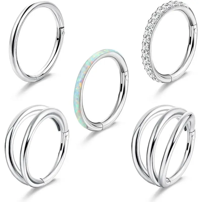 Unisex 5-Pcs Surgical Steel Body Jewelry Set - 16G/18G 8mm/10mm Cubic Zirconia Pave Hinged Clickers, Nose Hoops, Lip Ring, Easy Insertion for Casual Daily Wear, Cartilage Use