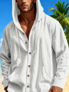 men's solid color button closure hooded shirt, casual loose long sleeve top for summer, fashion men's clothes for daily wear, longsleeves menswear