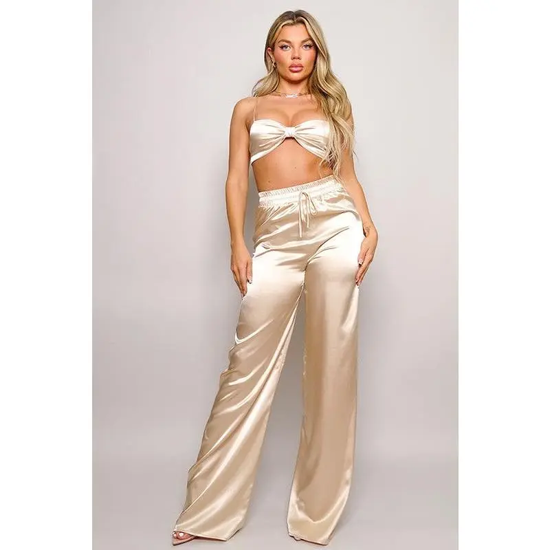 Women's Dream Satin Palazzo Pants, High Waist Wide Leg Style for an Elegant Fit with Front Tie Detail, Elegance, Polyester, Fabric, Leg Pants, Chic, High Rise, Spandex, Bottom, Day, Comfortable