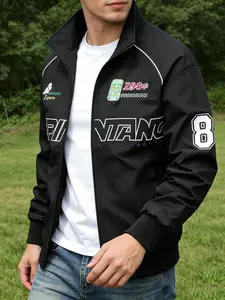 Men’s street-style racing jacket, vintage NASCAR-style embroidered zip-up outerwear with a casual stand collar and windproof design