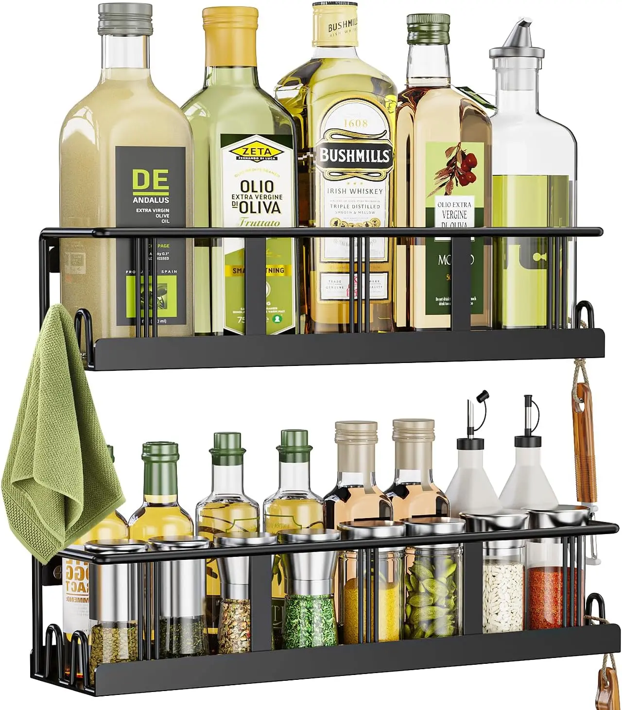 Rack Wall Mounted 2 Pack, Space-Saving  Organizer for  Jars and Seasonings,Screw or Adhesive Hanging  Rack Organizer for Your Kitchen Cabinet,or Pantry Door