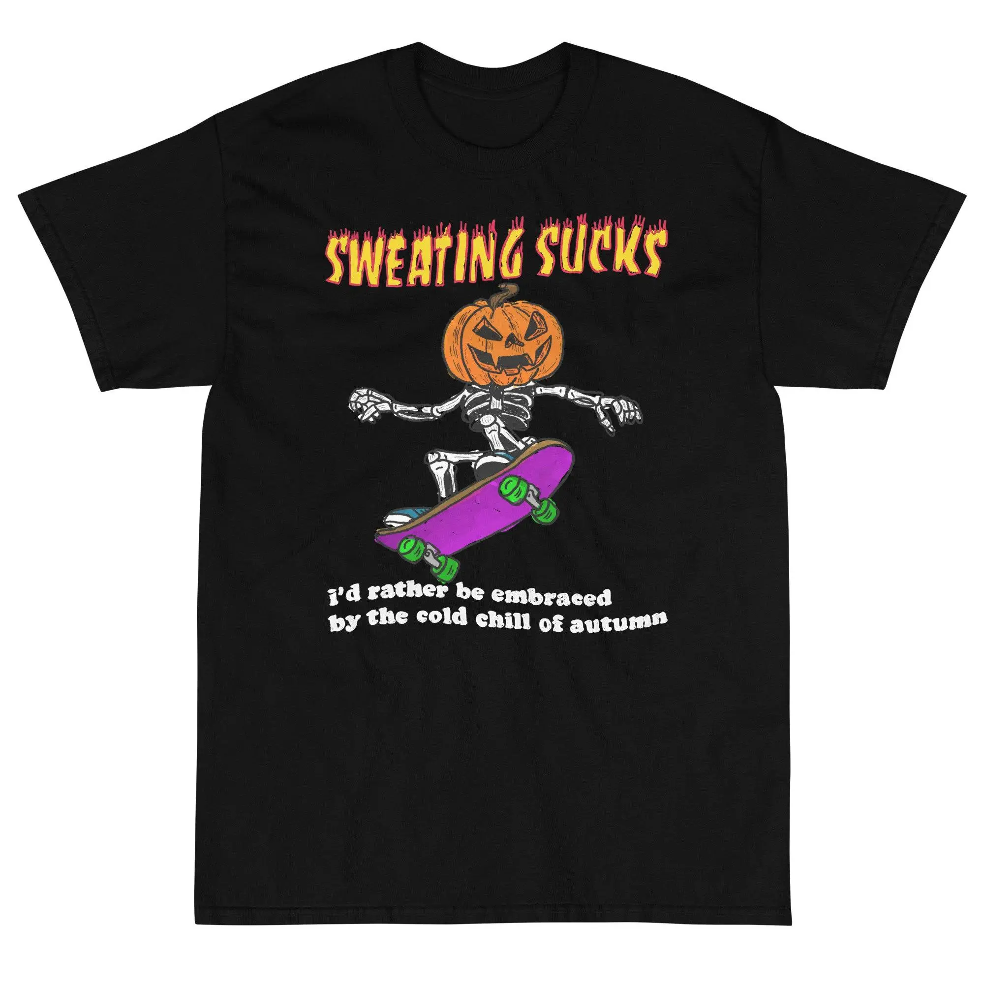 Pumpkin-headed skeleton skateboard "SWEATING SUCKS" Halloween t-shirt for both men and women