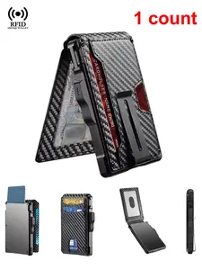 EDC Tactical Smart RFID Money Clip Metal Wallet Mens Minimalist Slim PU Leather Credit Card Holder Bifold Pop Up Wallets for Men, Business Style Wallet, Anti Theft Wallet