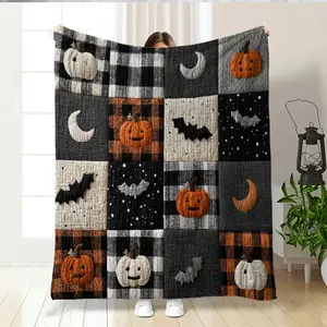 Creative Halloween Pumpkin Bat Moon Plaid Flannel Blanket, Soft Warm Throw for Sofa Bed Office Car Camping, Home Decor Gift