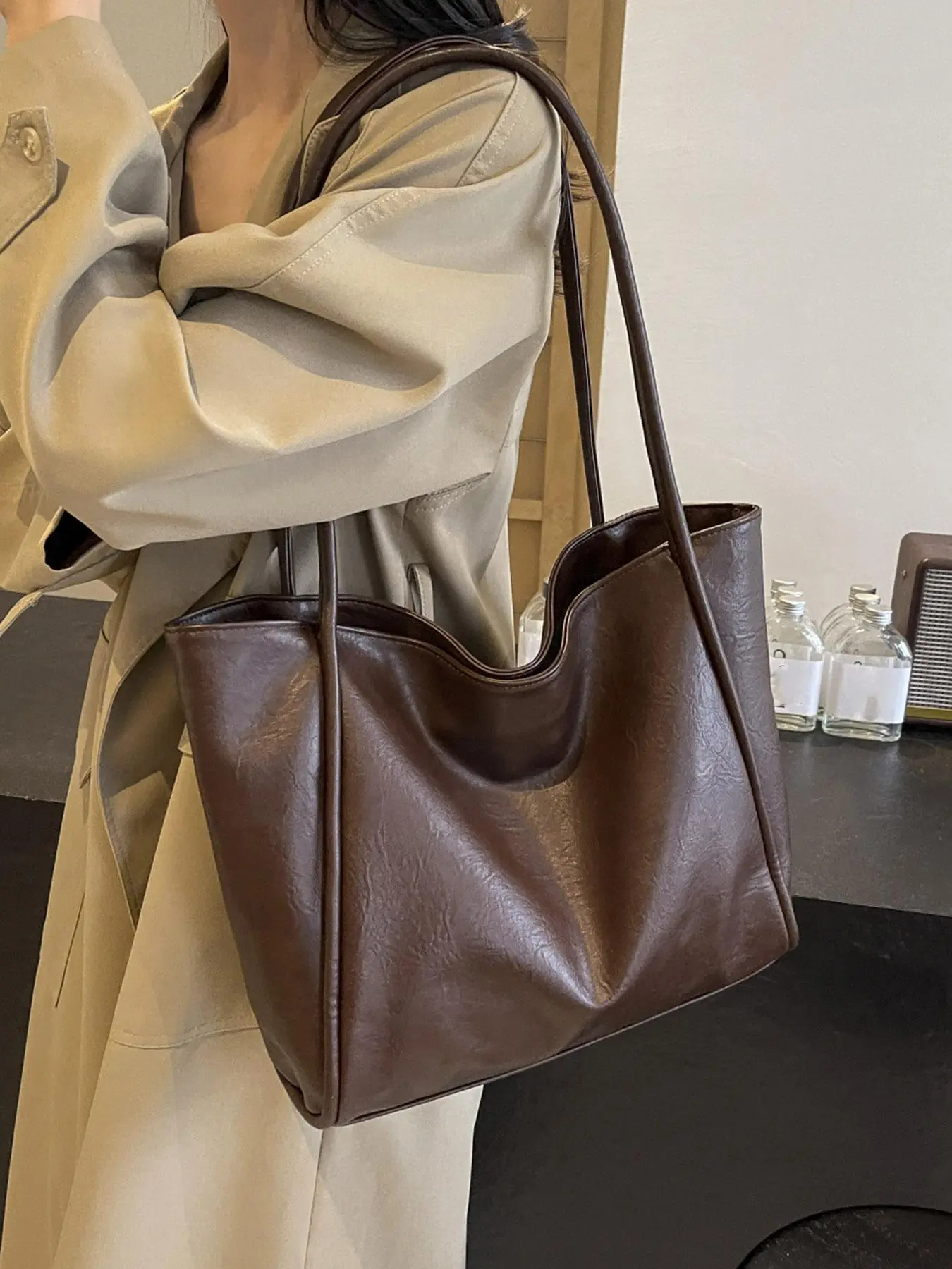 Women's Elegant Solid Color Tote Bag, Fashionable Large Capacity Shoulder Bag for Work & Daily Used, Casual Trendy Versatile High-quality Daily Commuting Bag, Commuter Tote Bag, Plain Tote Bag, Stylish Tote Bags