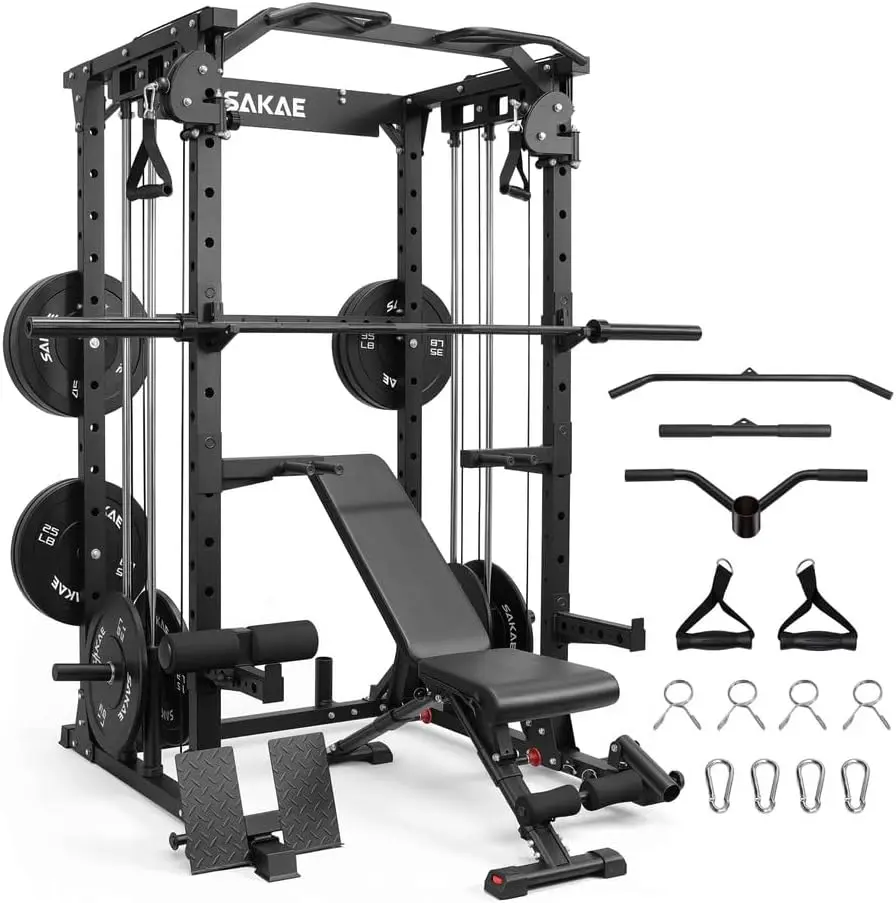 WSYE Squat Rack with Cable Crossover System, Power Rack with LAT Pull Down, Pull-Up Bar, Dip Bars, Weight Bench, 260 LB Bumper Plates, 7 FT Olympic Bar & Training Attachments, Multiple Options