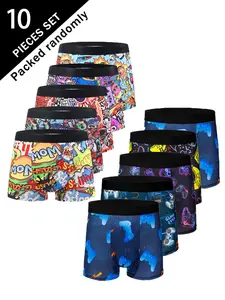 Men's Cartoon Comic Print Boxer Briefs, High Stretch Mid Waist Four-Pocket Design, Casual All-Season Underwear, Random Color Block