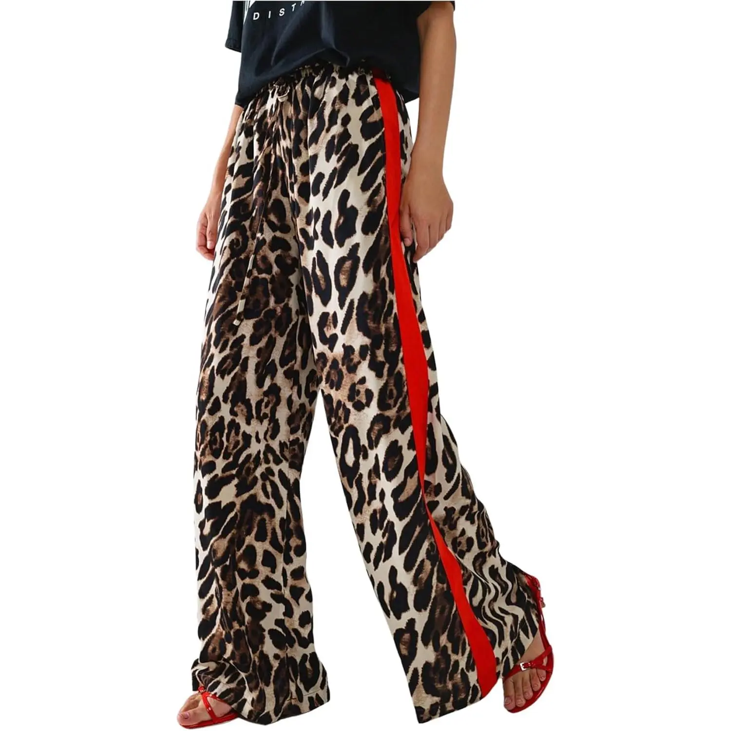 Women's Cheetah Print Wide Leg Baggy Pants Y2k Side Loose Streetwear Trousers Womenswear Bottom Wideleg linen pants baggy sweatpants cargo pants Brown