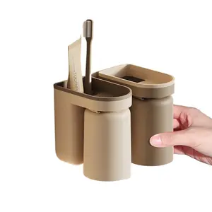 Solid Color Toothbrush Holder Toothbrush Cup Mouthwash Wall-Mounted Bathroom No-Drill Wall-Mounted Toothbrush Storage Rack Bottles Beige