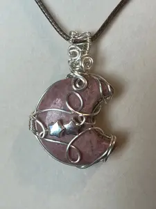 Rhodonite moon silver-tone copper wire-wrapped pendant