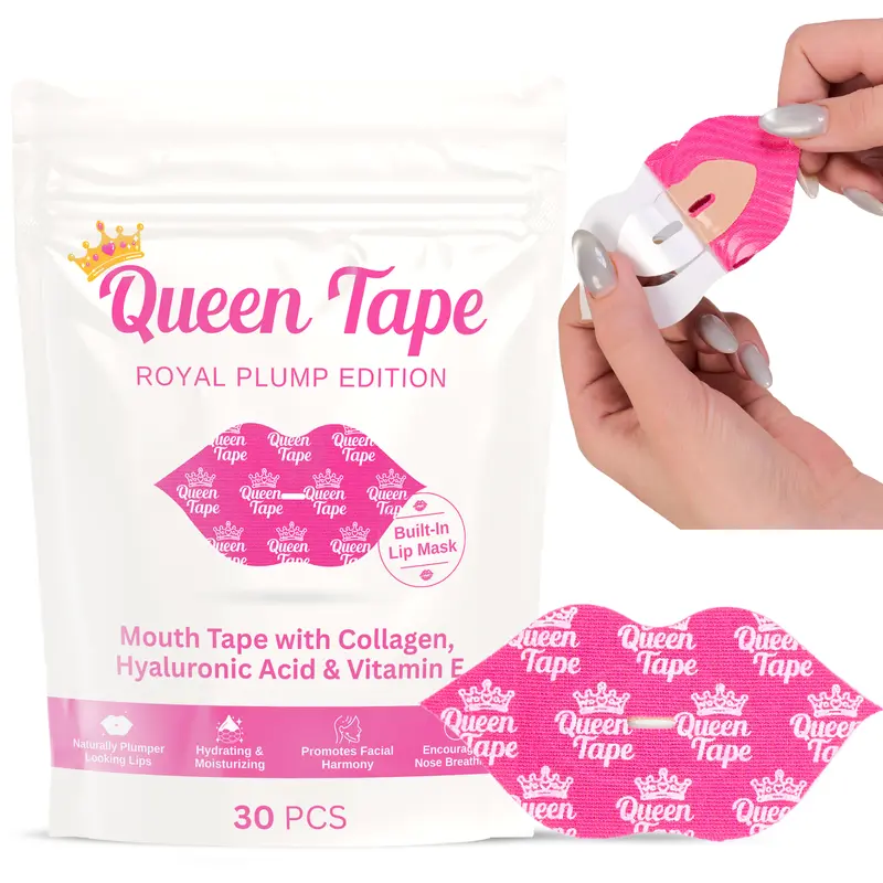 Queen Tape - Hydrating & Moisturizing Mouth Tape For Sleep - Royal Plump Edition - Lip Plumping - Mouth tape with Collagen Hyaluronic Acid & Vitamin E - Built in Lip Mask - Royal Lips - One Month Supply