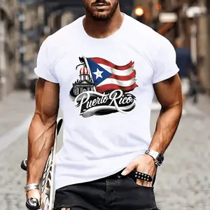 Puerto Rico Flag Print Round Neck Short Sleeved Men'S T-Shirt, Cool And Breathable Father'S Day T-Shirt in Summer, Suitable for Fitness, Outings And Camping, Perfect Holiday Gift Sweatshirt Round Neck