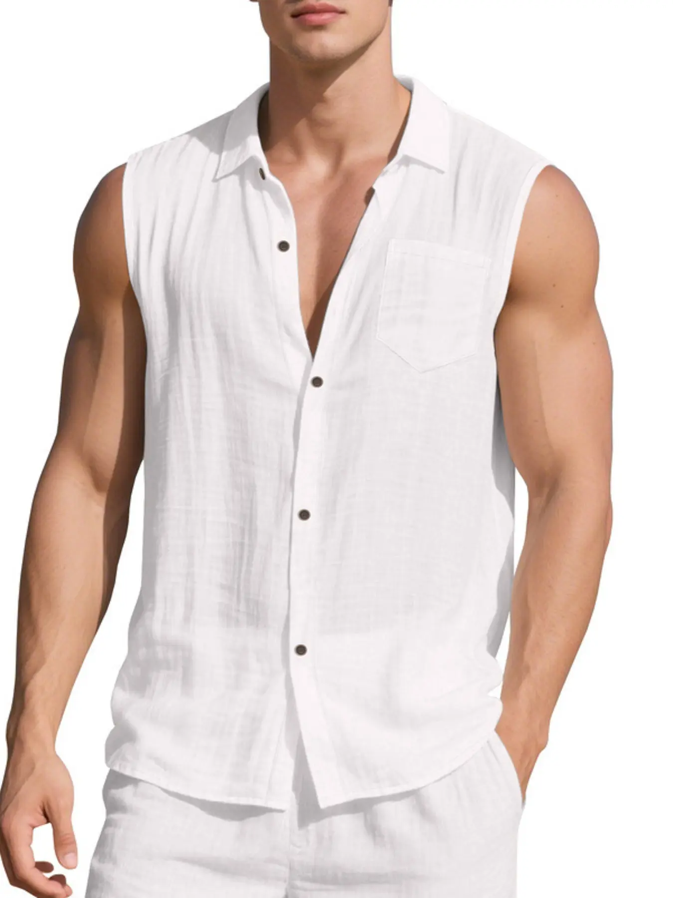Men's Sleeveless Linen Breathable Button Down Shirt, Collared Casual Tank Top with Pocket for Summer
