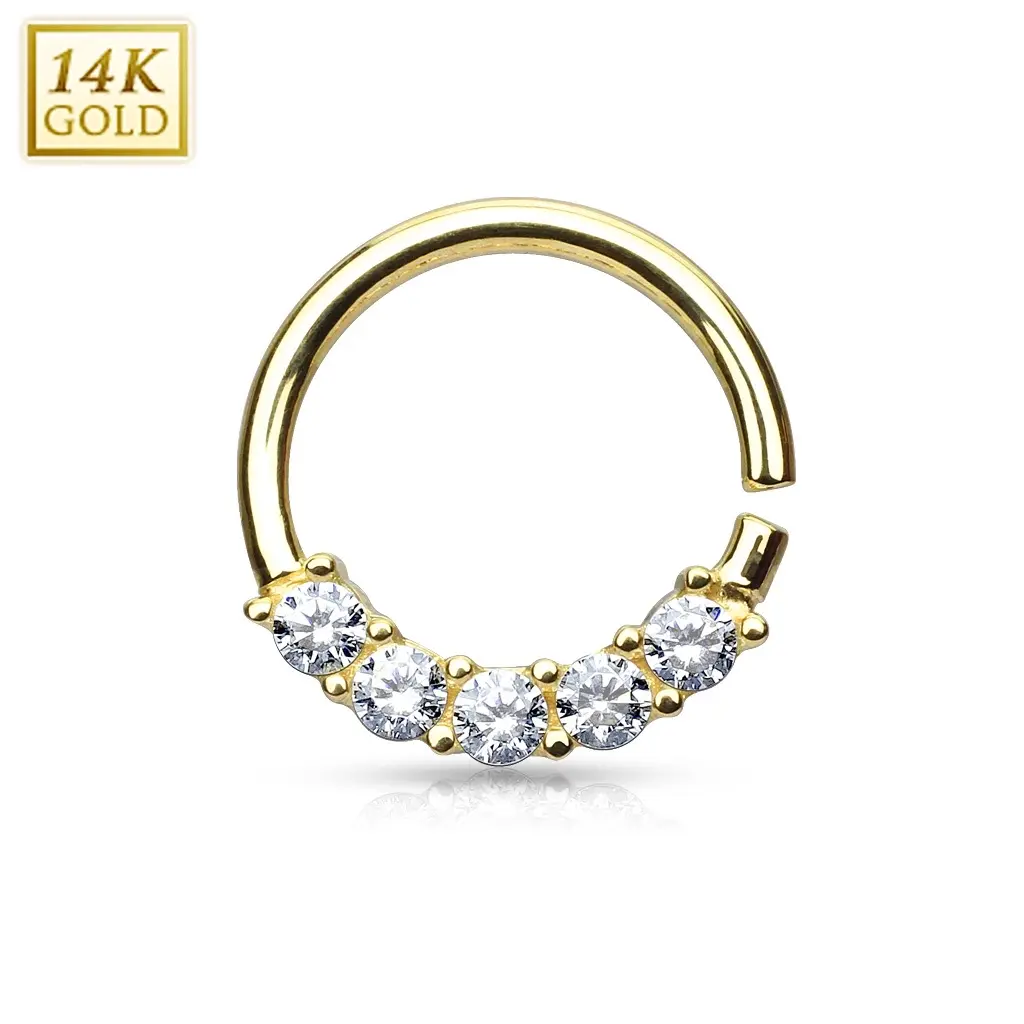 14 Kt. Gold Bendable Round Ring with Five Lined Prong Set CZs for Septum, Cartilage / Tragus Daily